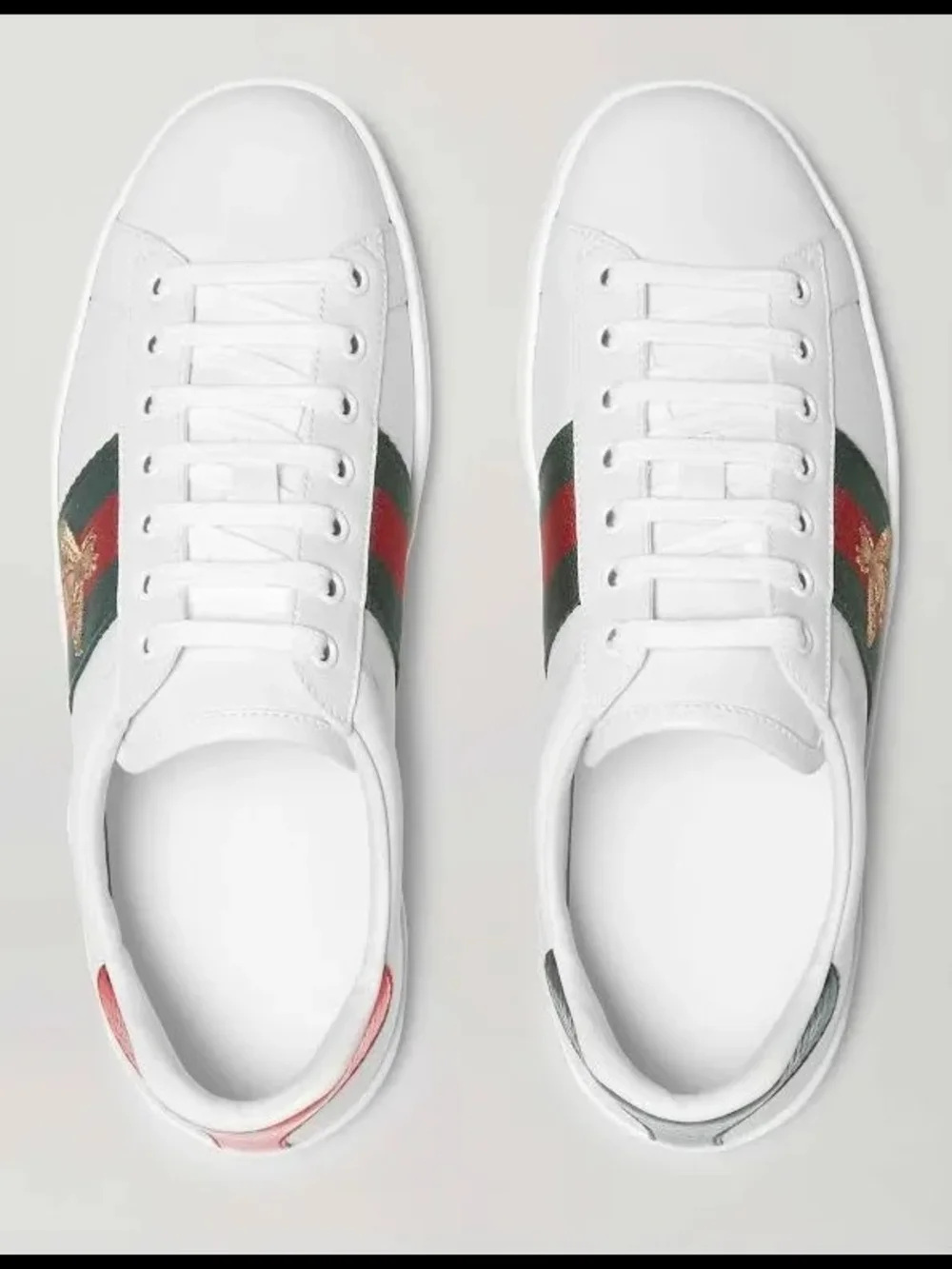 Gucci Men’s White Leather Ace Sneaker with Green-Red Web and Bee